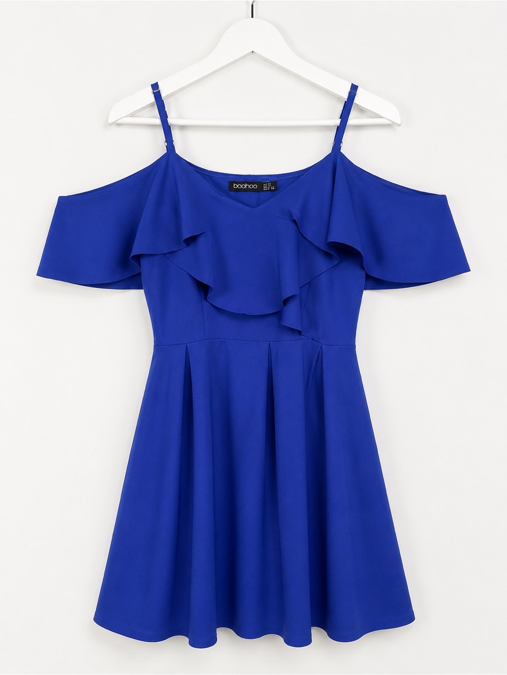Boohoo Cobalt Blue Cold-Shoulder Ruffle knee length Skater Dress
